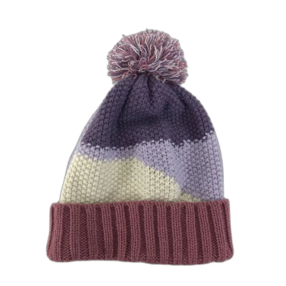Vince Camuto Knit Pom Pom Beanie Women's OS Purple Colorblock Outdoor Winter
